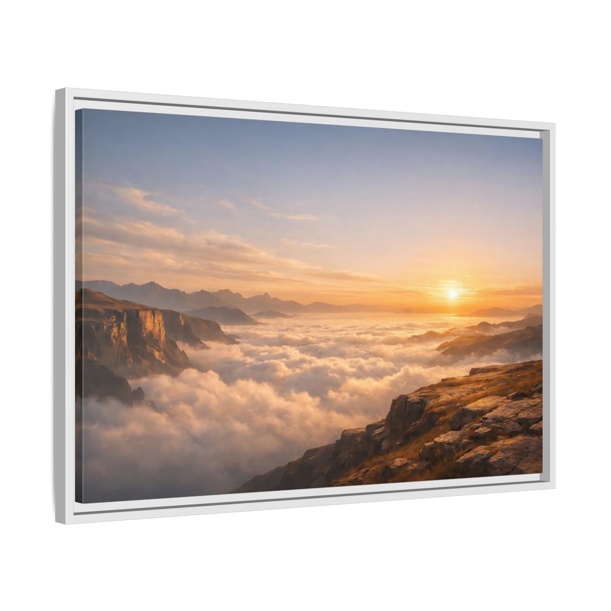 Side Mockup 10. Nature Mountain Vista Orange Blue Landscape shown as stretched canvas wall art