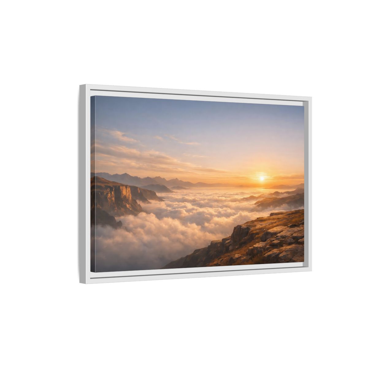 Side Mockup 1. Nature Mountain Vista Orange Blue Landscape shown as stretched canvas wall art