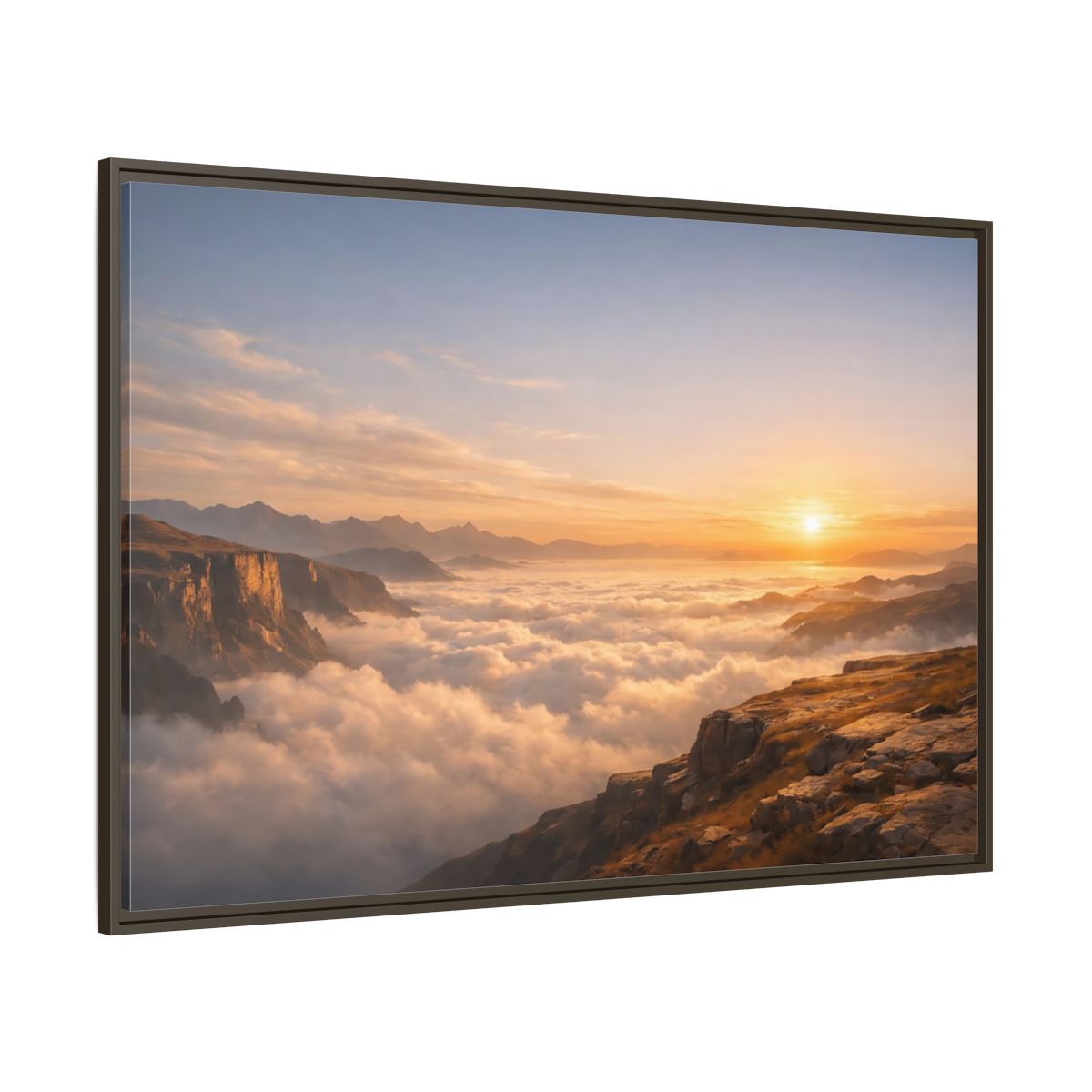 Side Mockup 8. Nature Mountain Vista Orange Blue Landscape shown as stretched canvas wall art