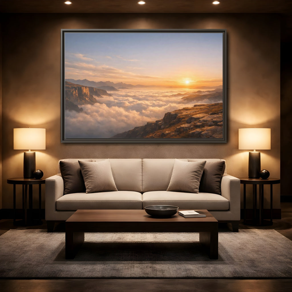 Mockup 2. Nature Mountain Vista Orange Blue Landscape shown as stretched canvas wall art