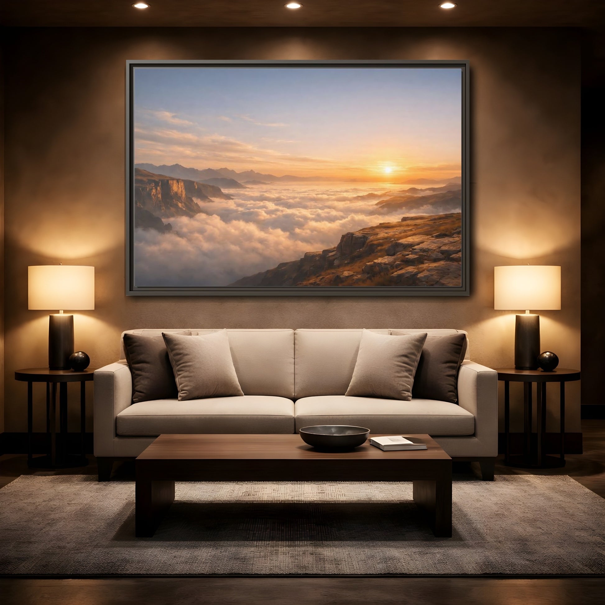 Mockup 2. Nature Mountain Vista Orange Blue Landscape shown as stretched canvas wall art