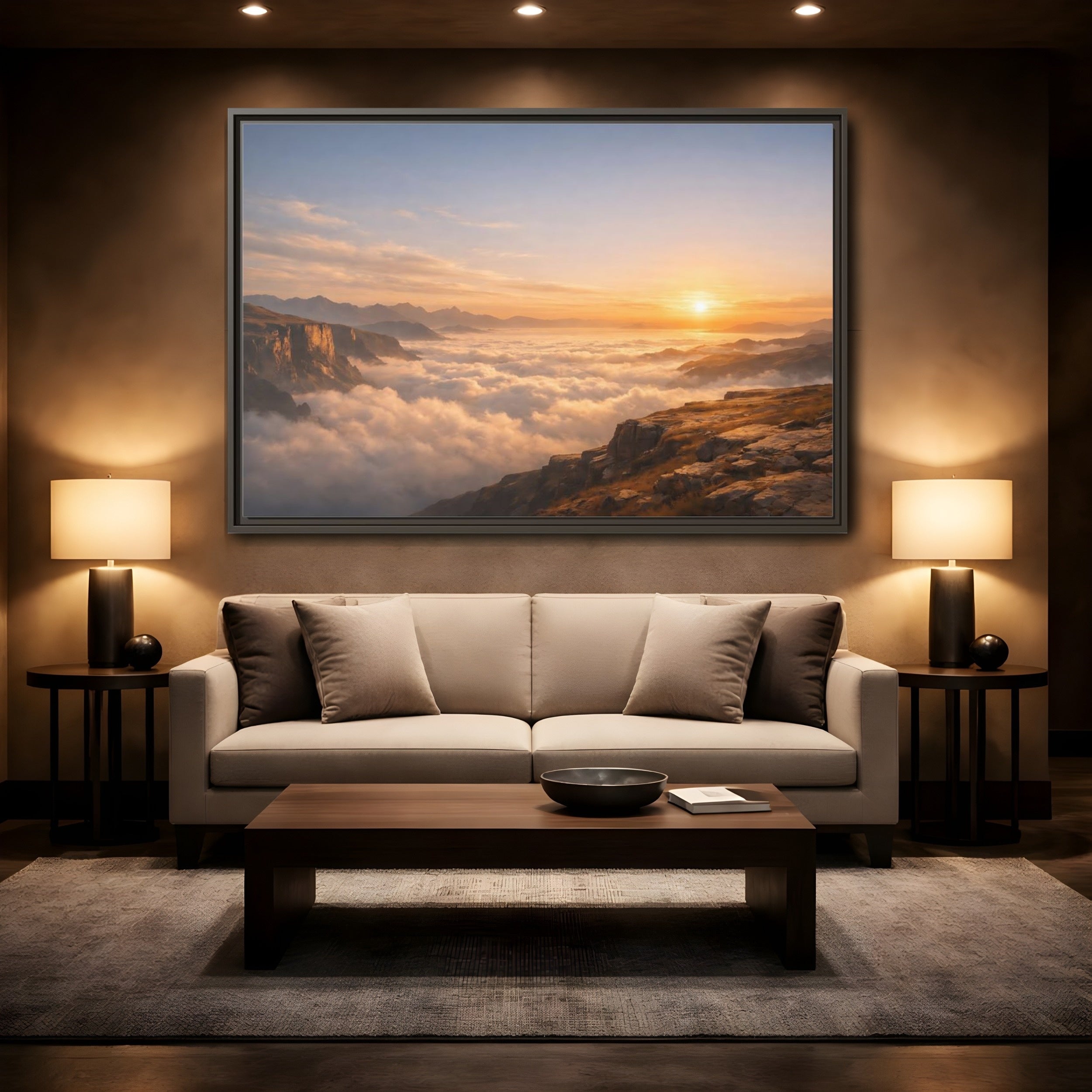 Mockup 2. Nature Mountain Vista Orange Blue Landscape shown as stretched canvas wall art