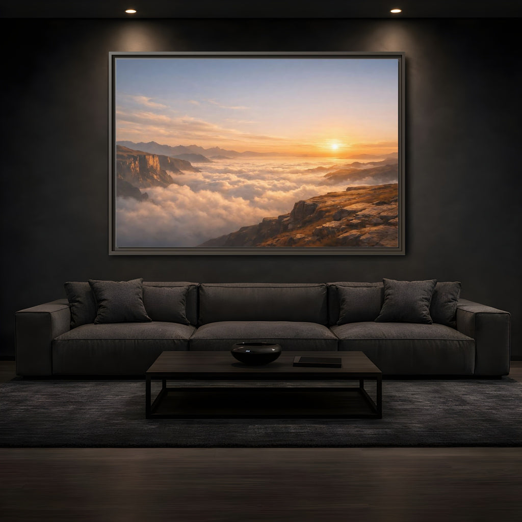 Mockup 3. Nature Mountain Vista Orange Blue Landscape shown as stretched canvas wall art