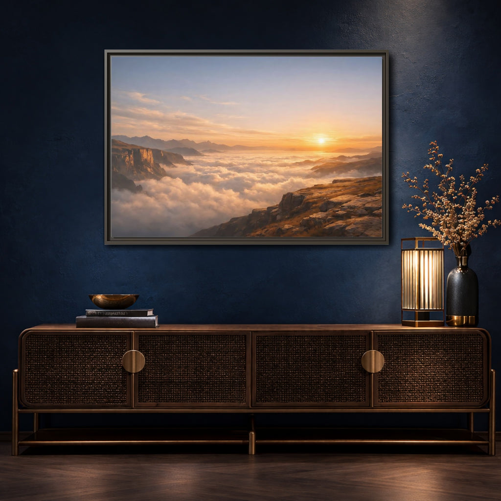 Mockup 4. Nature Mountain Vista Orange Blue Landscape shown as stretched canvas wall art