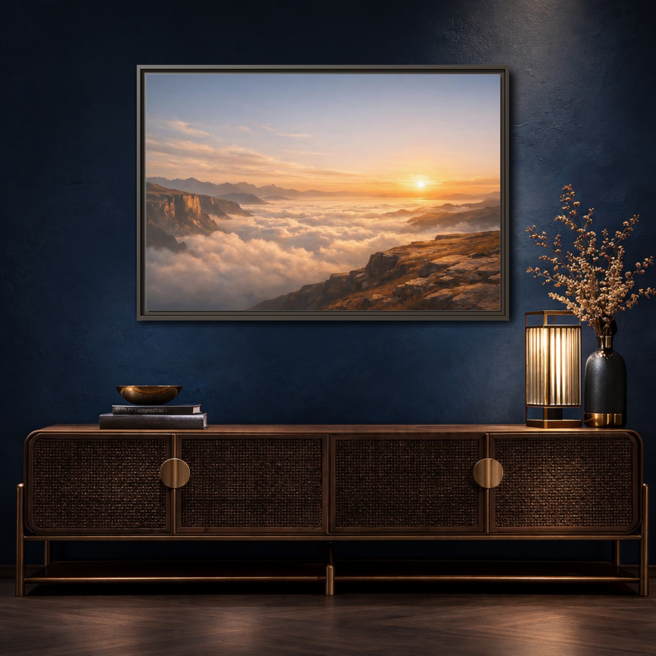 Mockup 4. Nature Mountain Vista Orange Blue Landscape shown as stretched canvas wall art