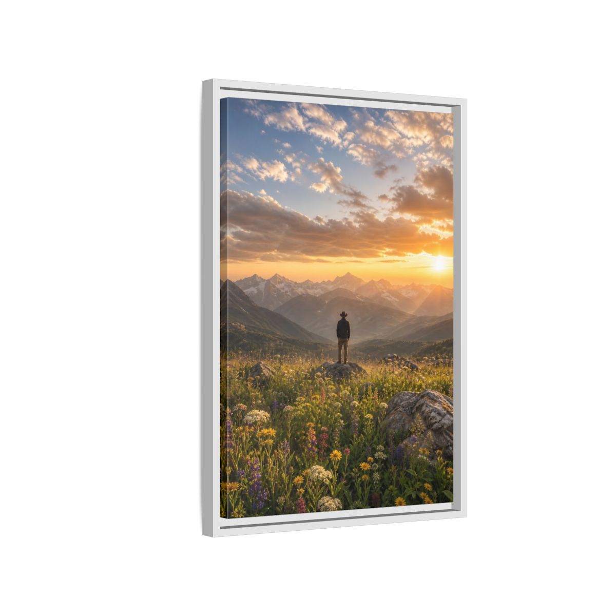 Side Mockup 1. Nature Mountain Vista Sunset Mountain Landscape shown as stretched canvas wall art
