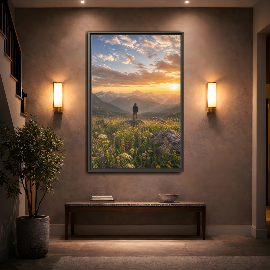 Mockup 2. Nature Mountain Vista Sunset Mountain Landscape shown as stretched canvas wall art