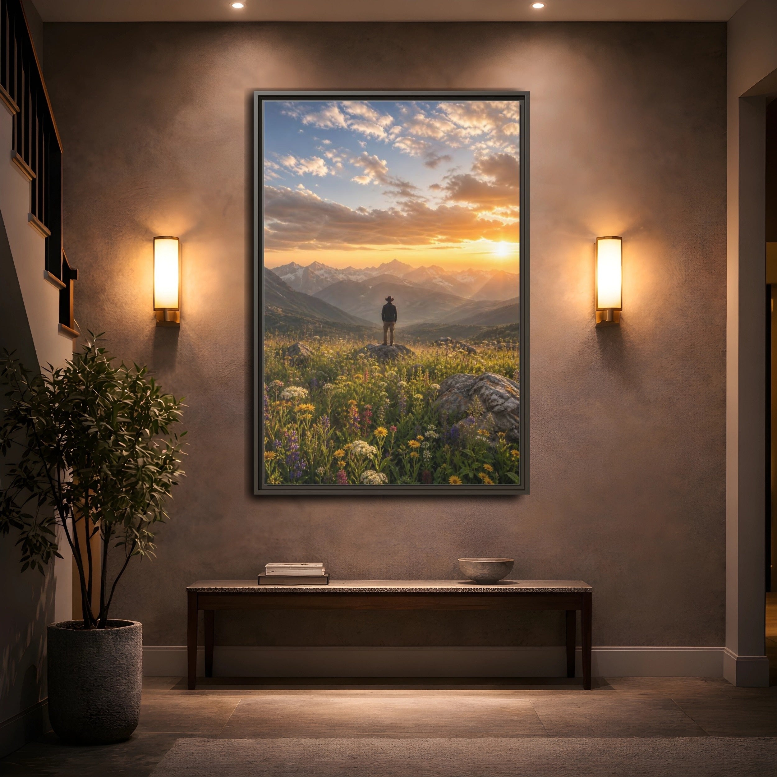 Mockup 2. Nature Mountain Vista Sunset Mountain Landscape shown as stretched canvas wall art