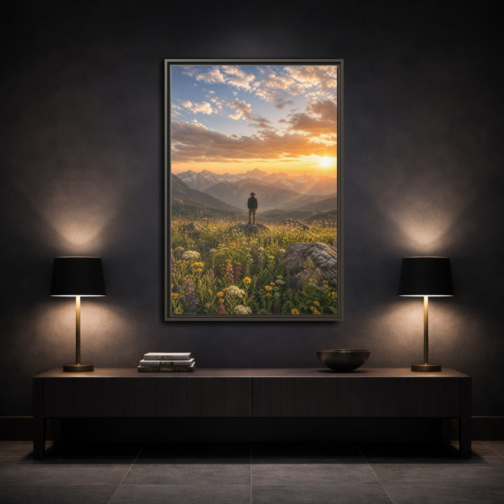 Mockup 3. Nature Mountain Vista Sunset Mountain Landscape shown as stretched canvas wall art