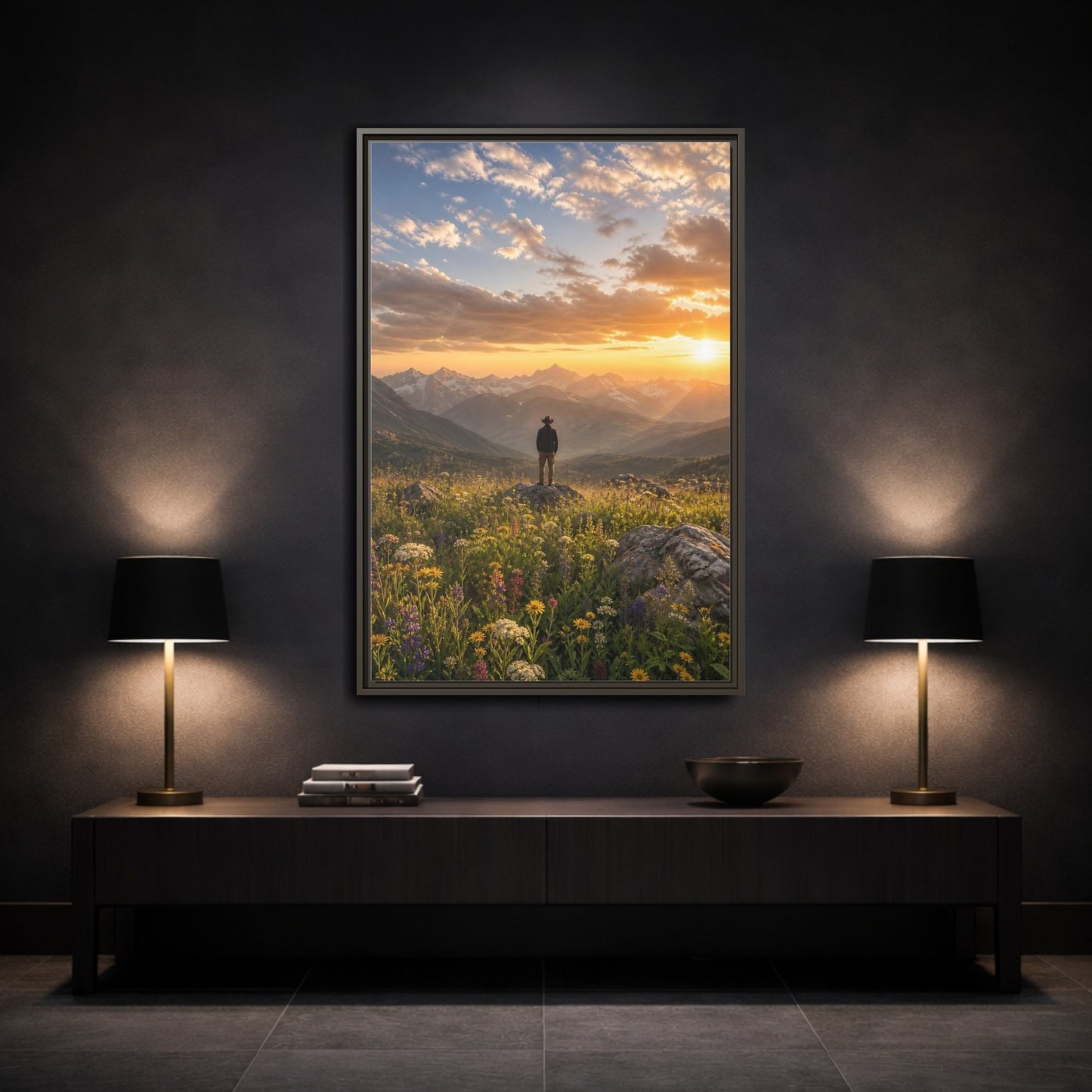 Nature Mountain Vista Sunset Landscape Framed Canvas Wall Art - Living Room, Above Sofa shown as canvas wall art