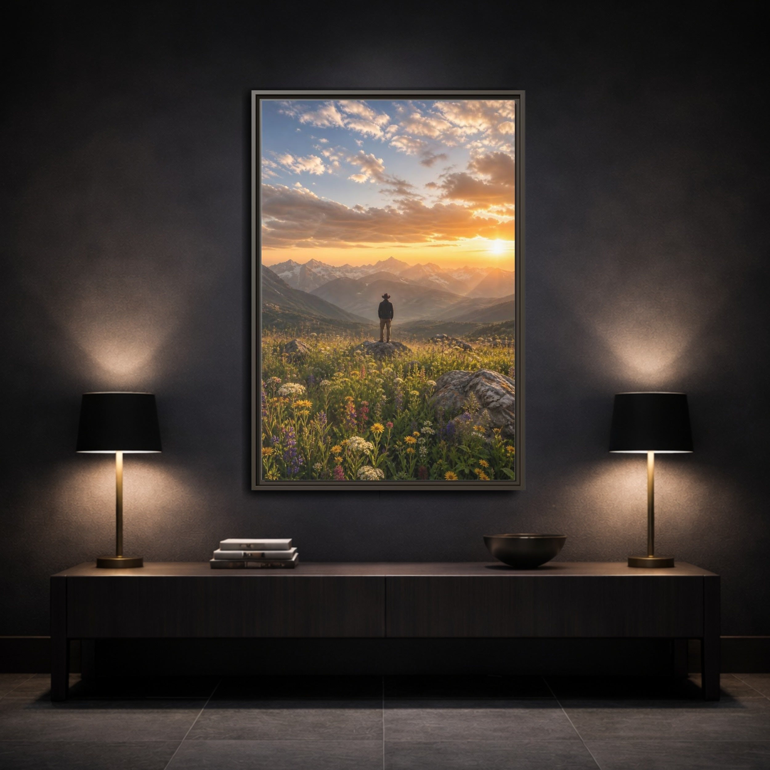 Mockup 3. Nature Mountain Vista Sunset Mountain Landscape shown as stretched canvas wall art