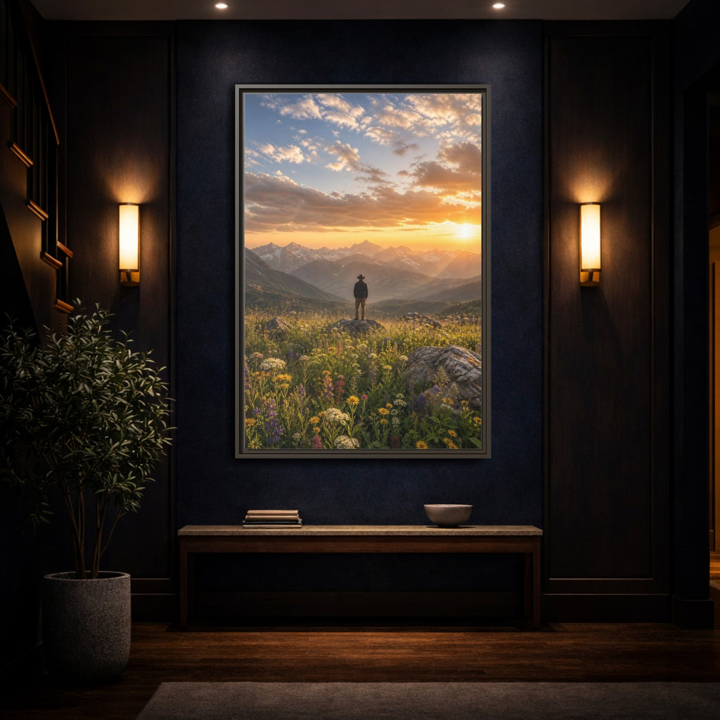Mockup 4. Nature Mountain Vista Sunset Mountain Landscape shown as stretched canvas wall art
