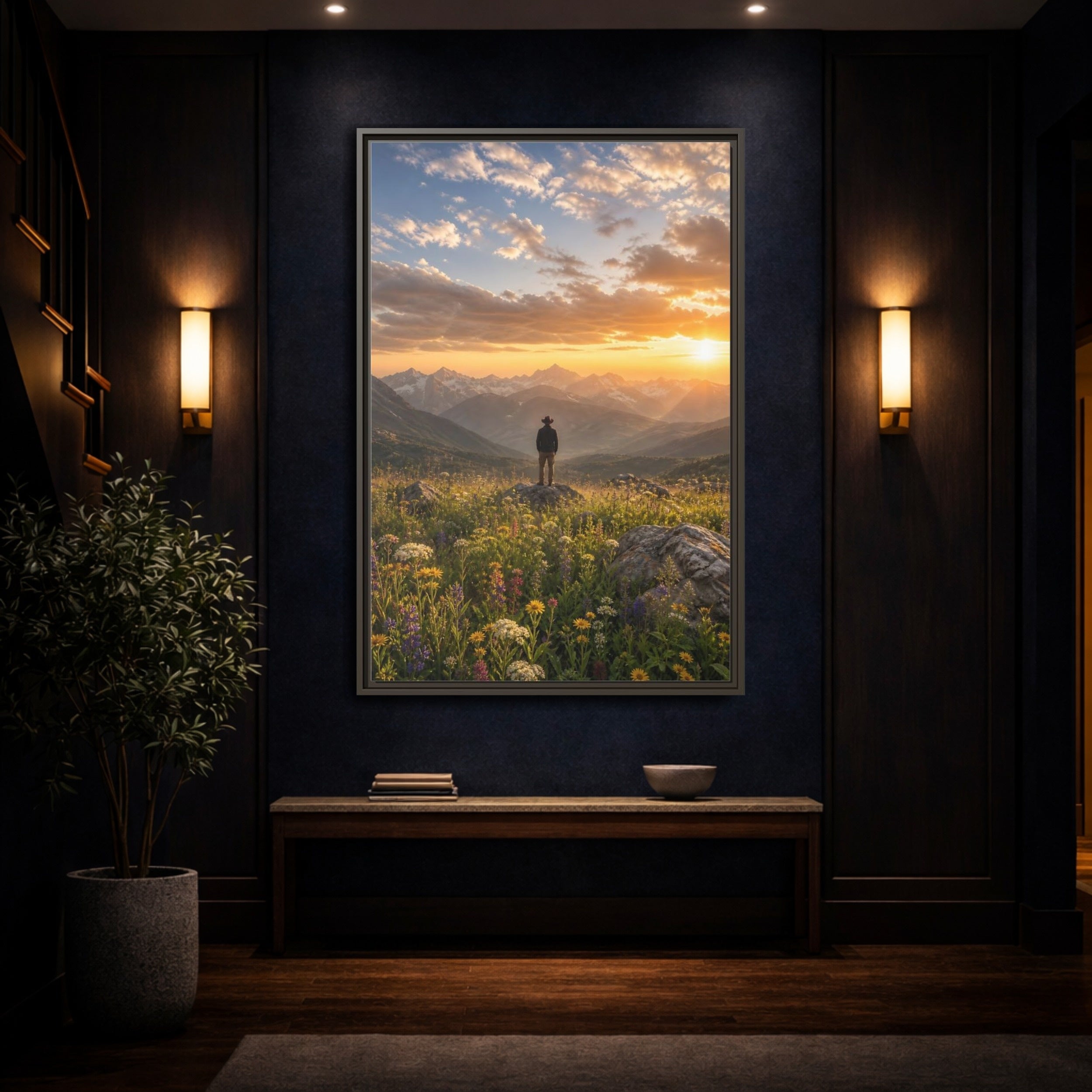 Mockup 4. Nature Mountain Vista Sunset Mountain Landscape shown as stretched canvas wall art