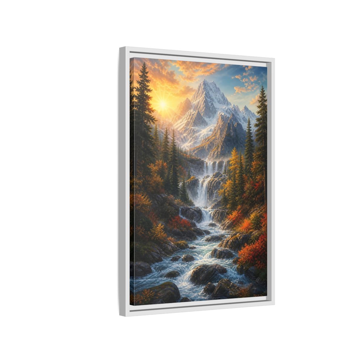 Side Mockup 1. Nature Mountain Waterfall Autumn Landscape shown as stretched canvas wall art