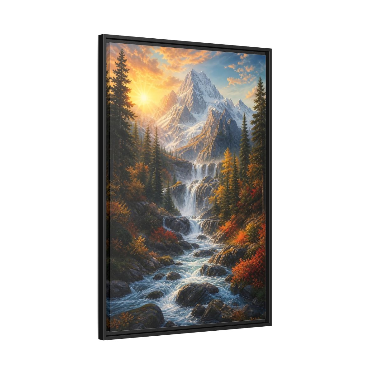 Side Mockup 13. Nature Mountain Waterfall Autumn Landscape shown as stretched canvas wall art