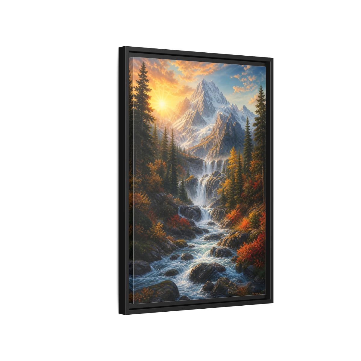 Side Mockup 3. Nature Mountain Waterfall Autumn Landscape shown as stretched canvas wall art