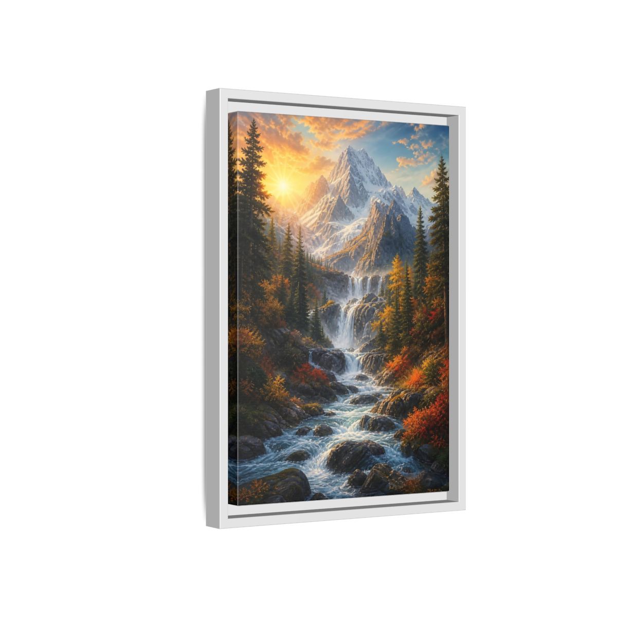 Side Mockup 4. Nature Mountain Waterfall Autumn Landscape shown as stretched canvas wall art