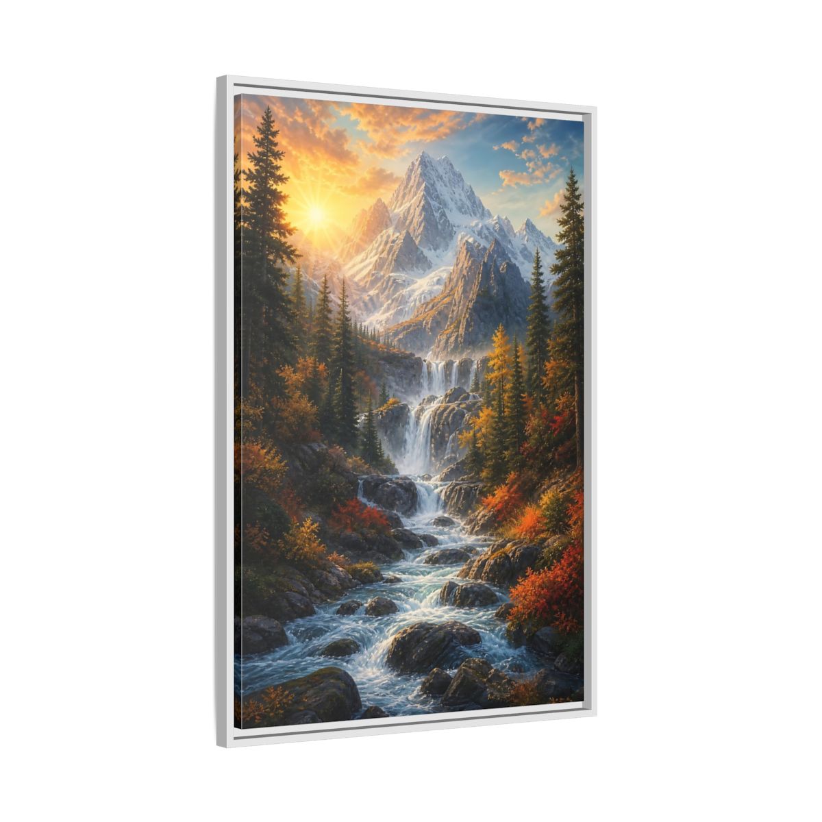 Side Mockup 9. Nature Mountain Waterfall Autumn Landscape shown as stretched canvas wall art