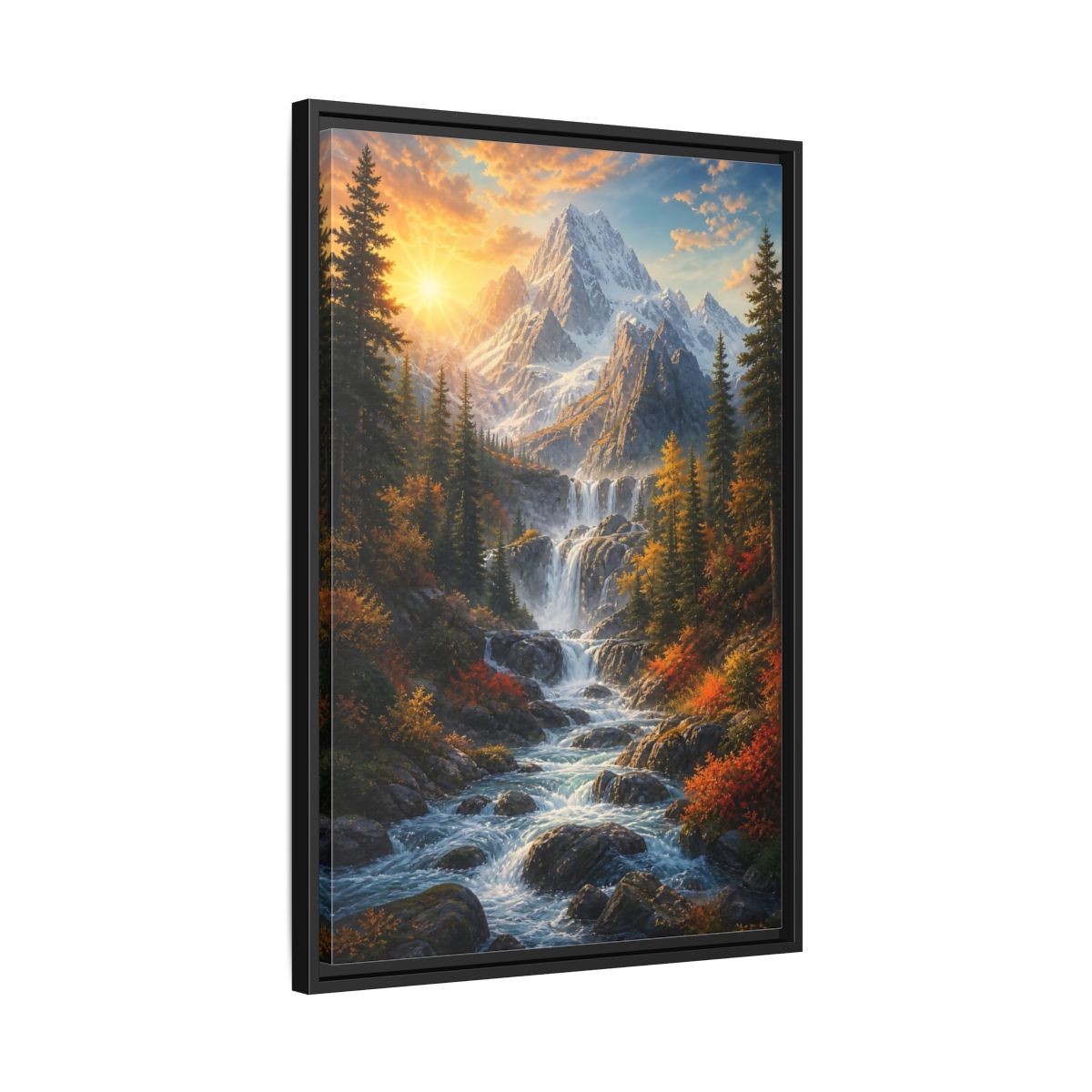 Side Mockup 14. Nature Mountain Waterfall Autumn Landscape shown as stretched canvas wall art