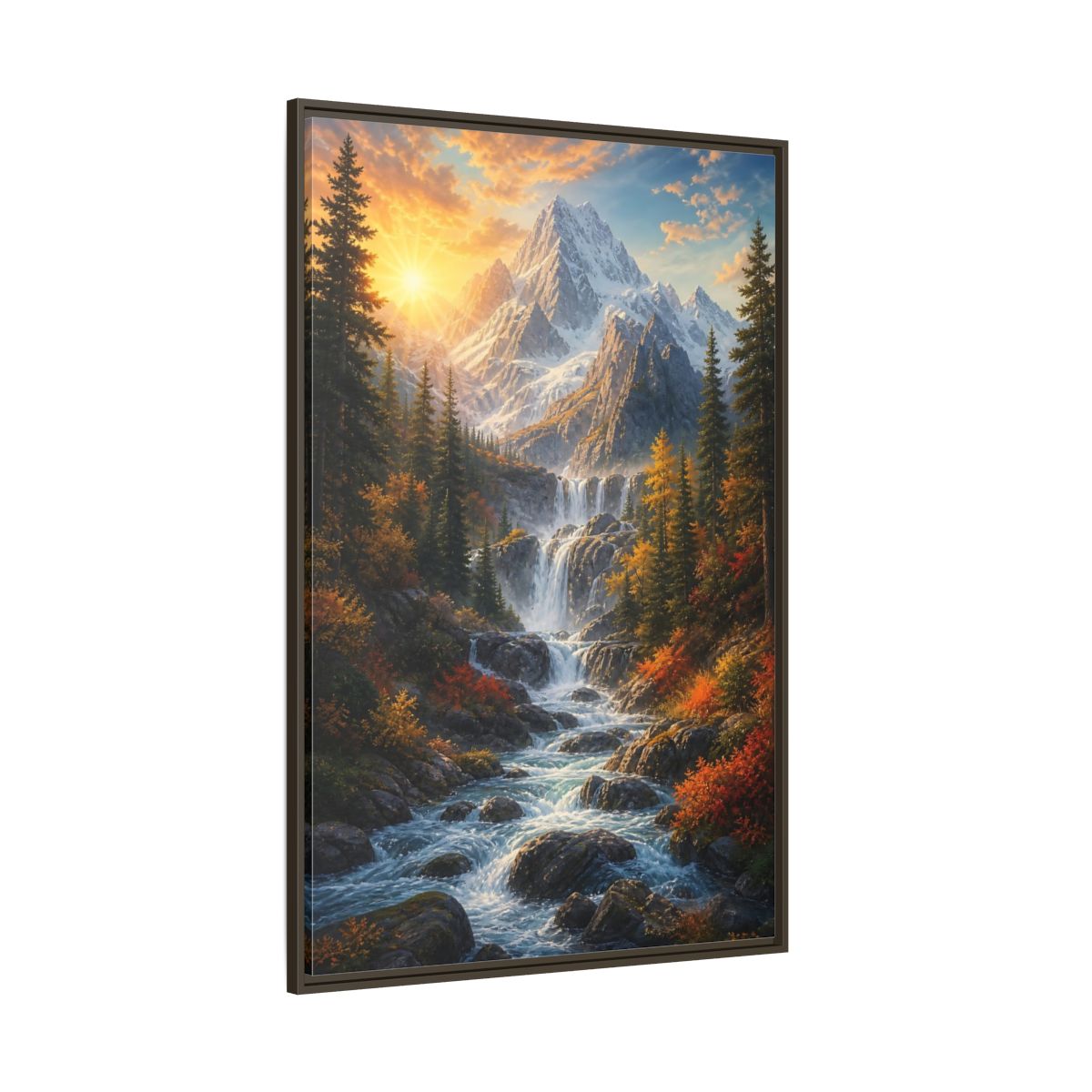 Side Mockup 8. Nature Mountain Waterfall Autumn Landscape shown as stretched canvas wall art