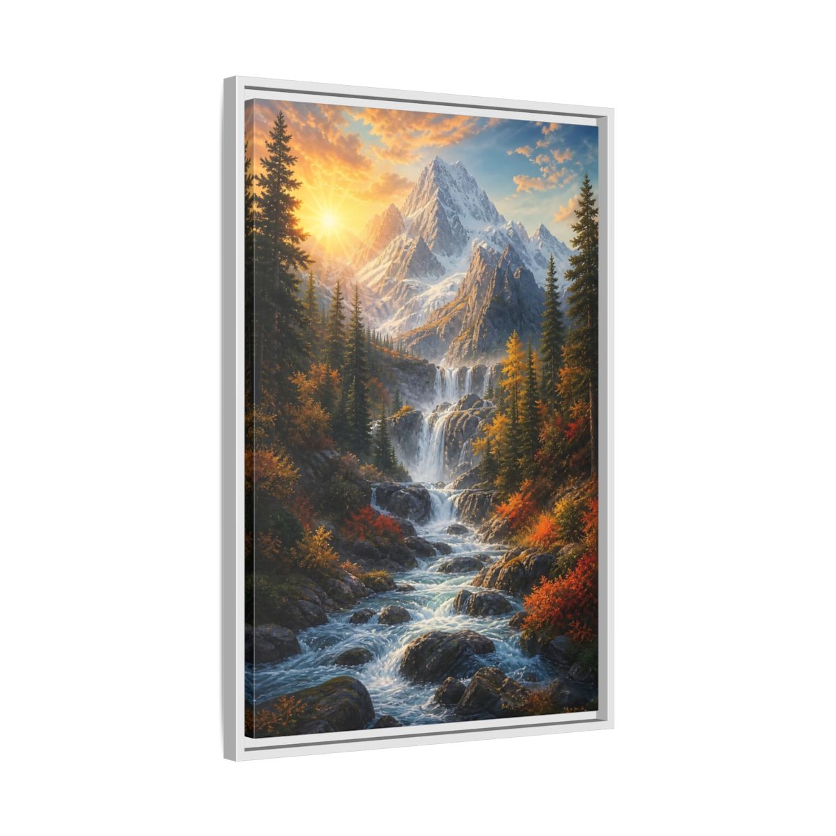 Side Mockup 10. Nature Mountain Waterfall Autumn Landscape shown as stretched canvas wall art