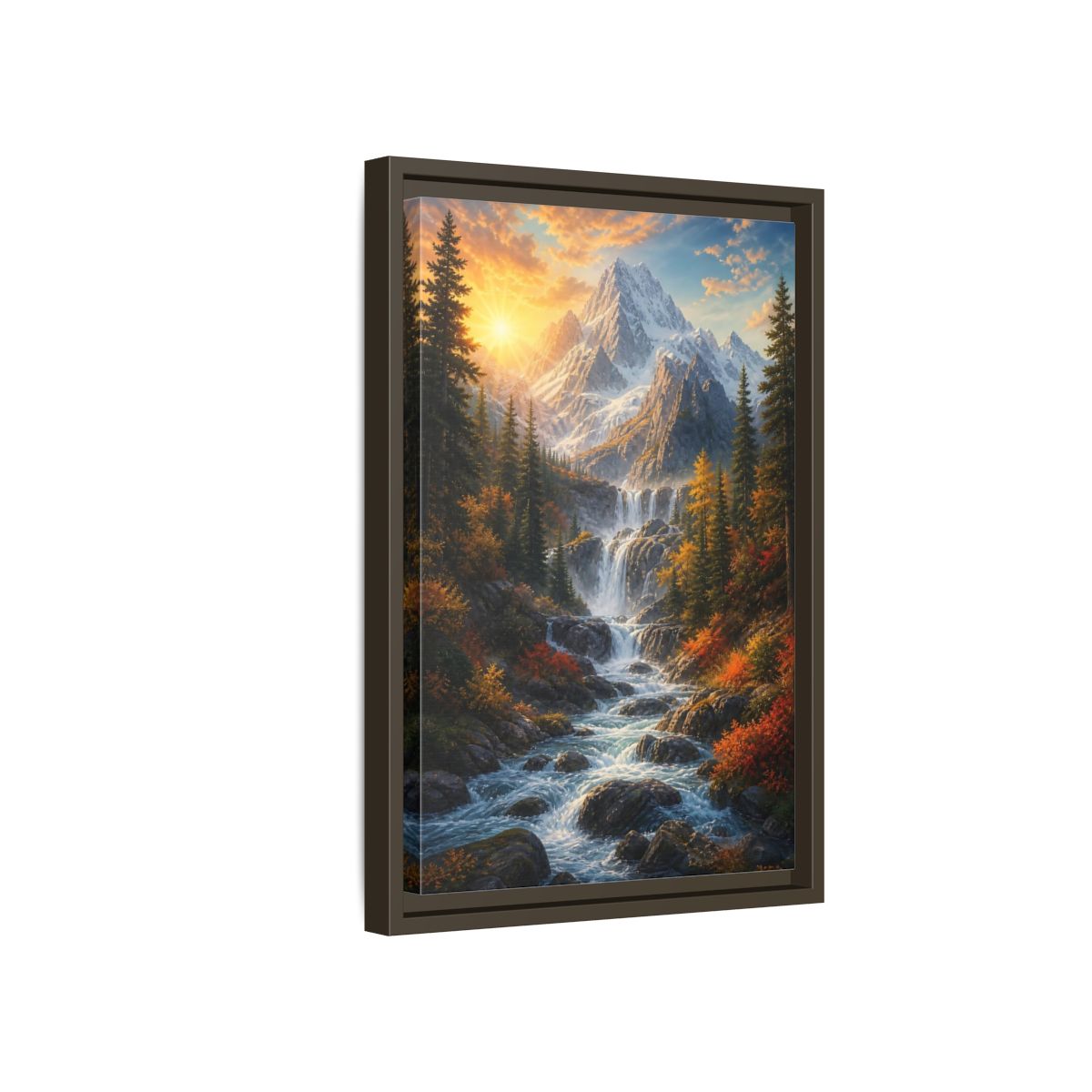 Side Mockup 5. Nature Mountain Waterfall Autumn Landscape shown as stretched canvas wall art