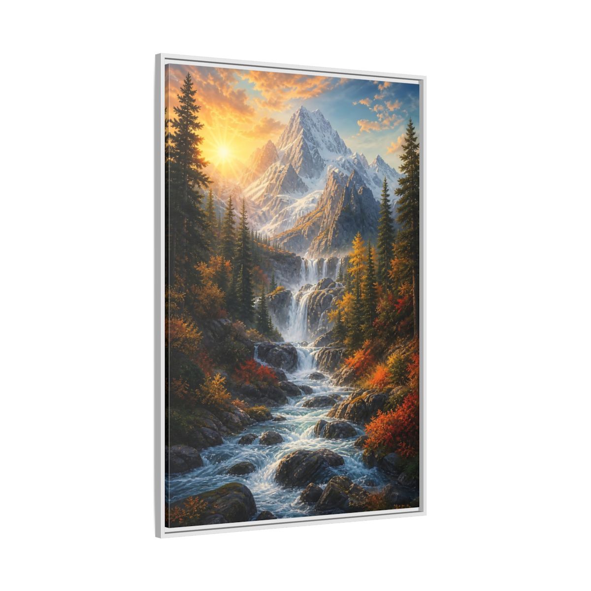Side Mockup 7. Nature Mountain Waterfall Autumn Landscape shown as stretched canvas wall art