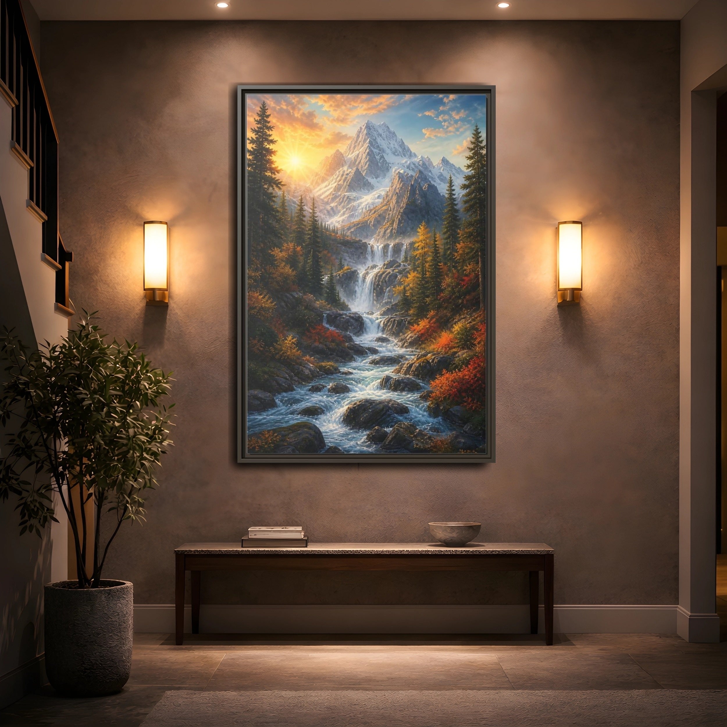 Mockup 2. Nature Mountain Waterfall Autumn Landscape shown as stretched canvas wall art