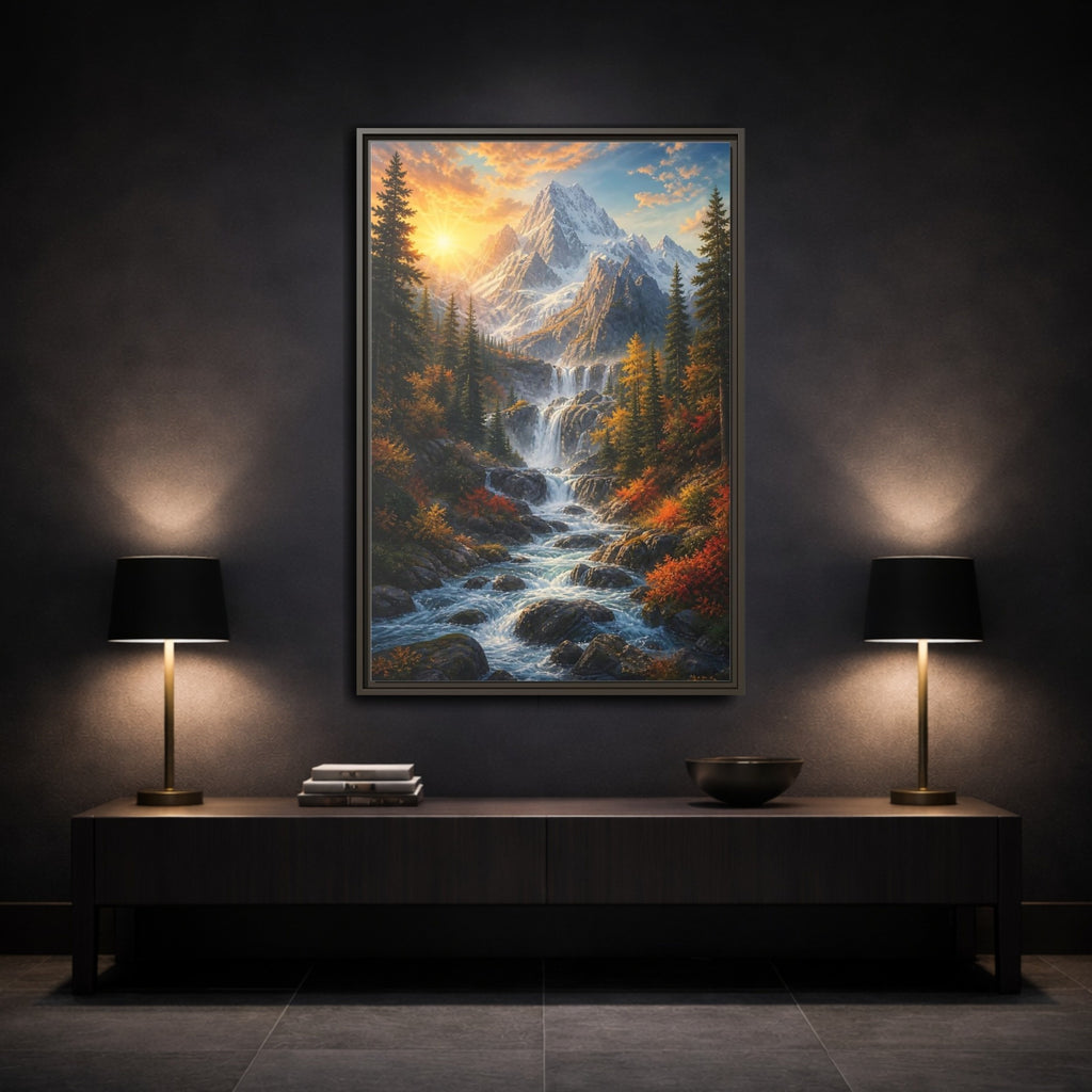 Mockup 3. Nature Mountain Waterfall Autumn Landscape shown as stretched canvas wall art