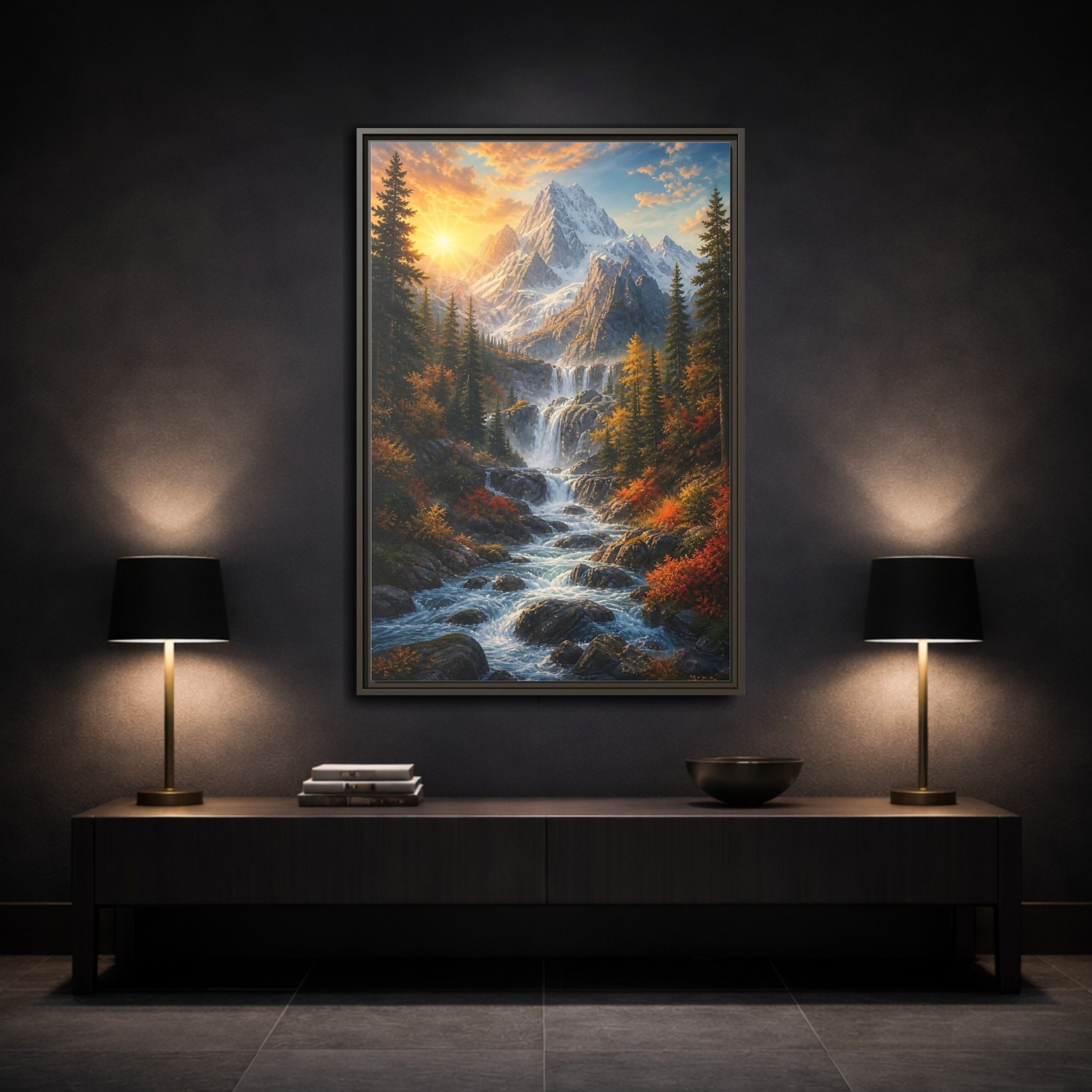 Mockup 3. Nature Mountain Waterfall Autumn Landscape shown as stretched canvas wall art