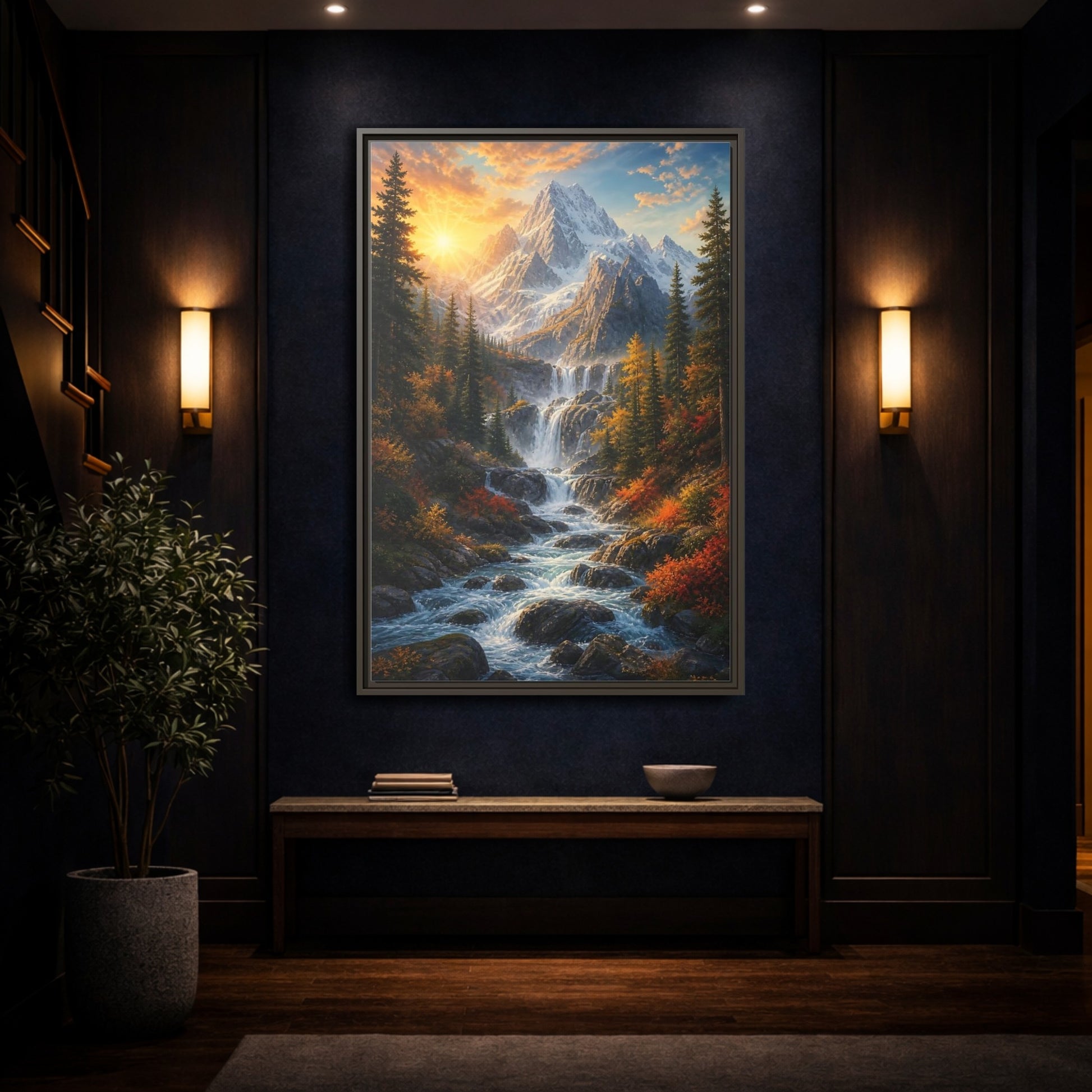 Mockup 4. Nature Mountain Waterfall Autumn Landscape shown as stretched canvas wall art