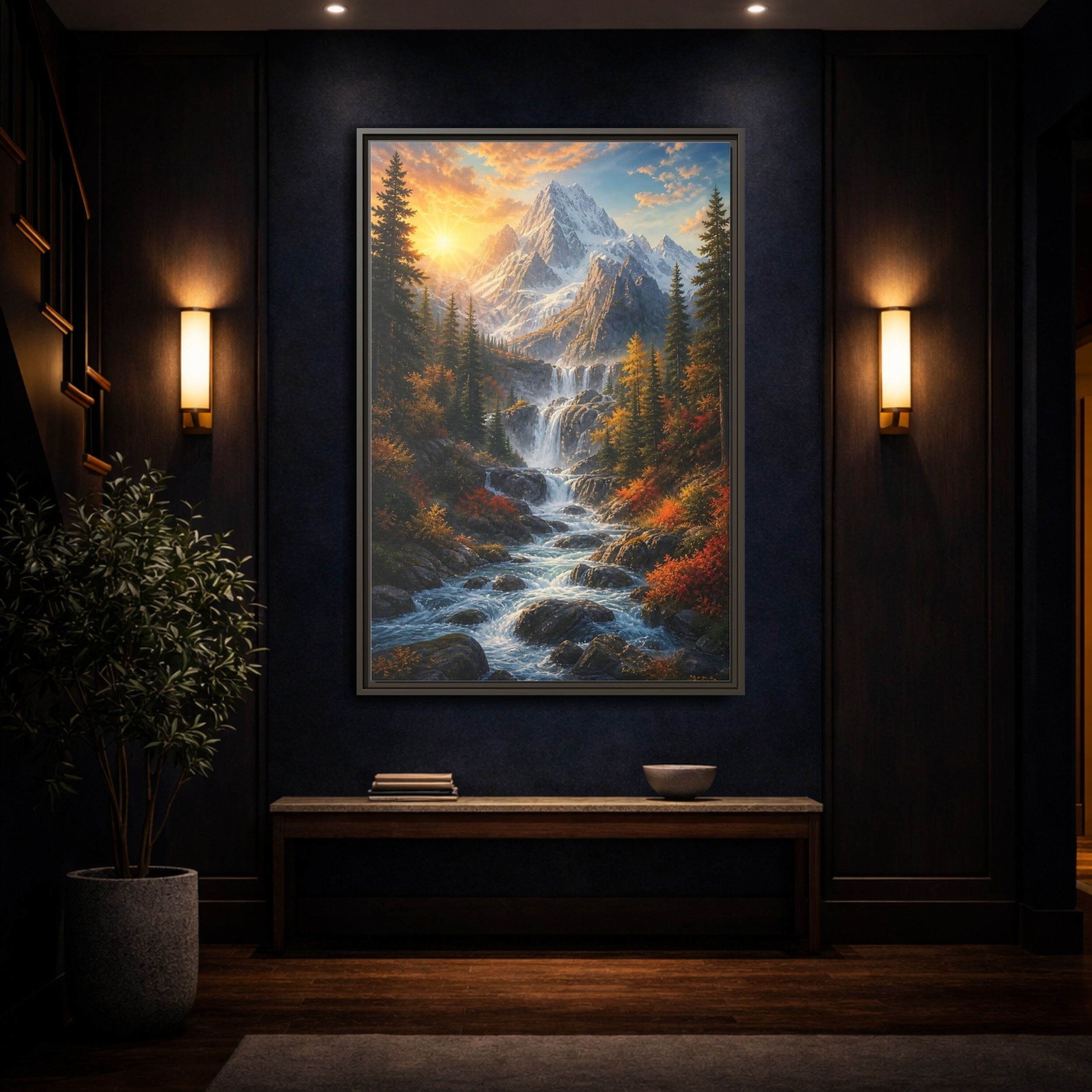 Mockup 4. Nature Mountain Waterfall Autumn Landscape shown as stretched canvas wall art