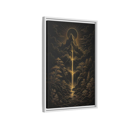 Side Mockup 1. Nature Mountain Waterfall Gold And Black Landscape shown as stretched canvas wall art