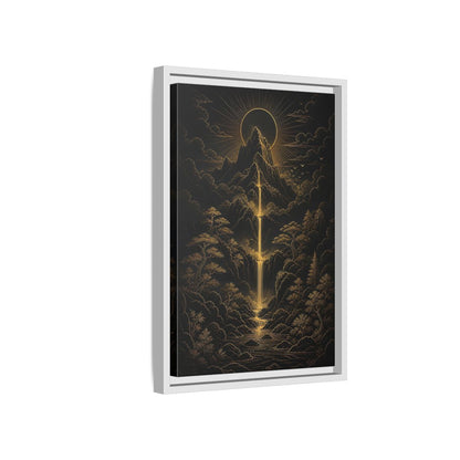 Side Mockup 4. Nature Mountain Waterfall Gold And Black Landscape shown as stretched canvas wall art