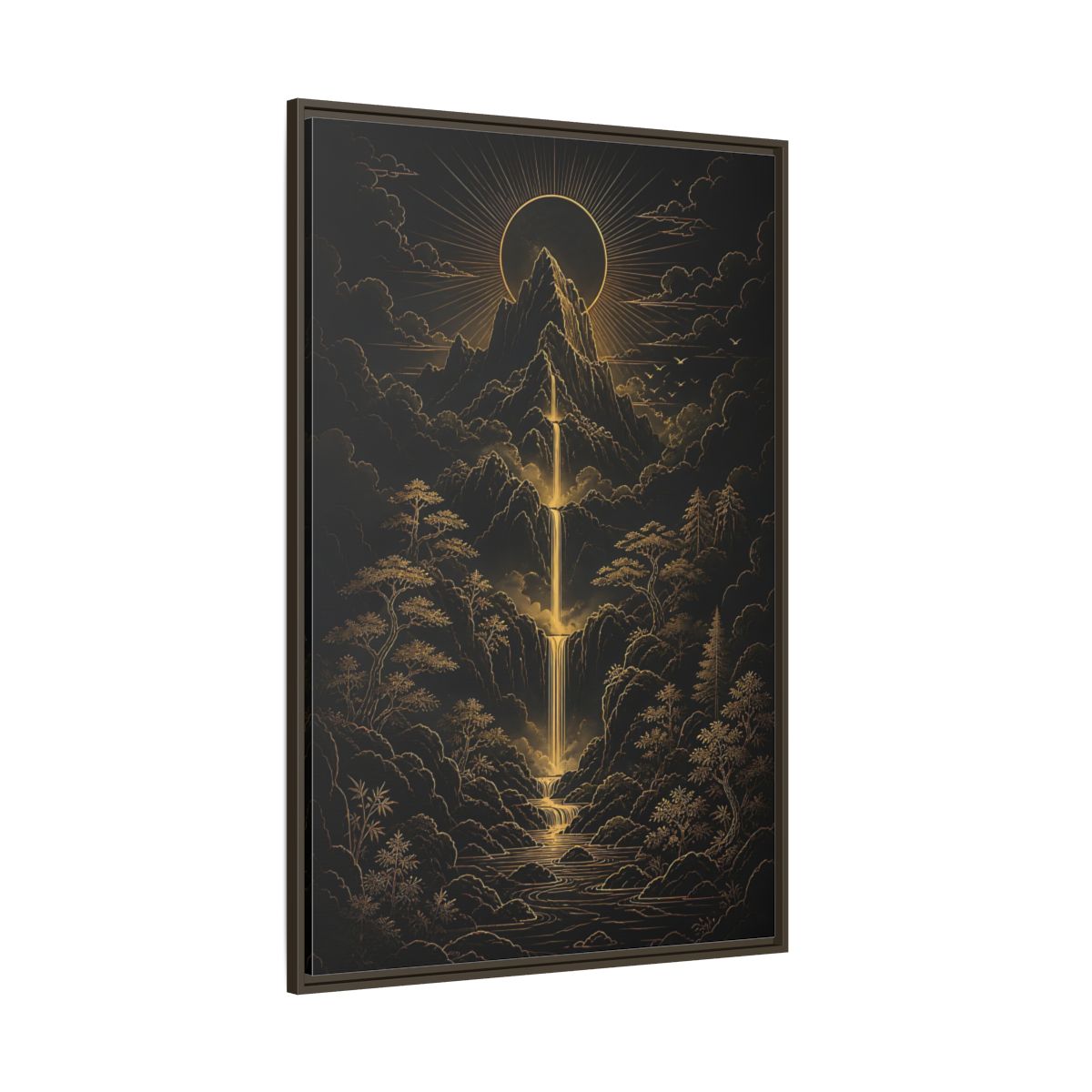 Side Mockup 8. Nature Mountain Waterfall Gold And Black Landscape shown as stretched canvas wall art