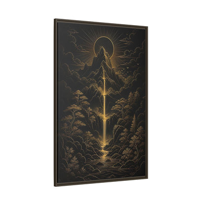 Side Mockup 8. Nature Mountain Waterfall Gold And Black Landscape shown as stretched canvas wall art