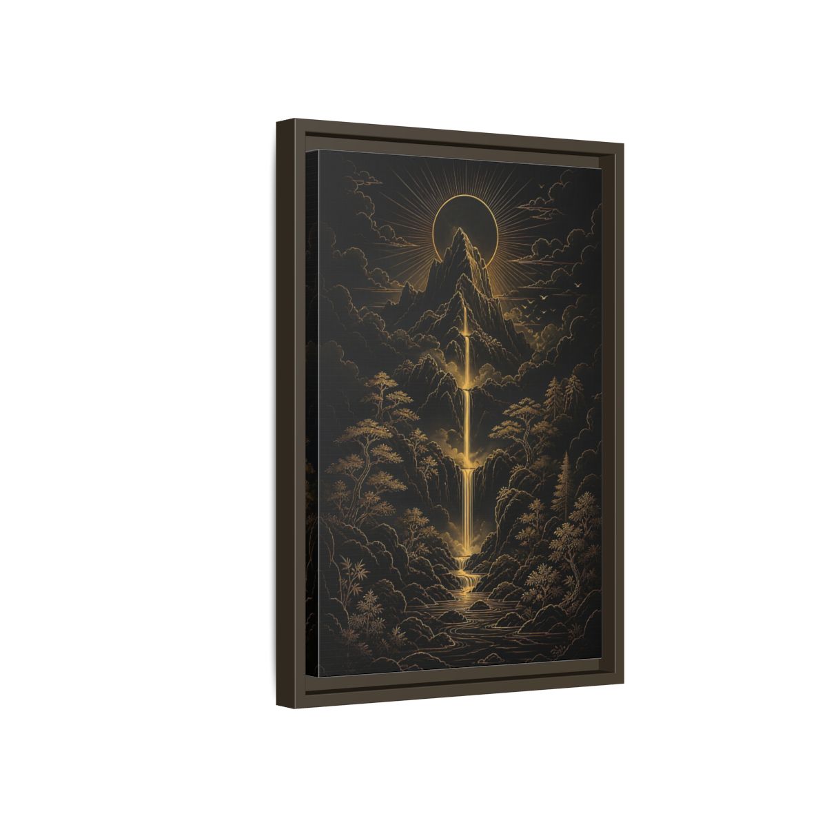 Side Mockup 5. Nature Mountain Waterfall Gold And Black Landscape shown as stretched canvas wall art