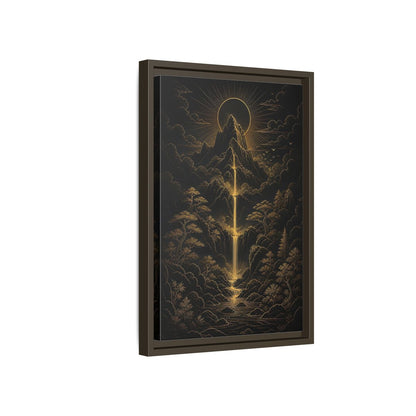 Side Mockup 5. Nature Mountain Waterfall Gold And Black Landscape shown as stretched canvas wall art