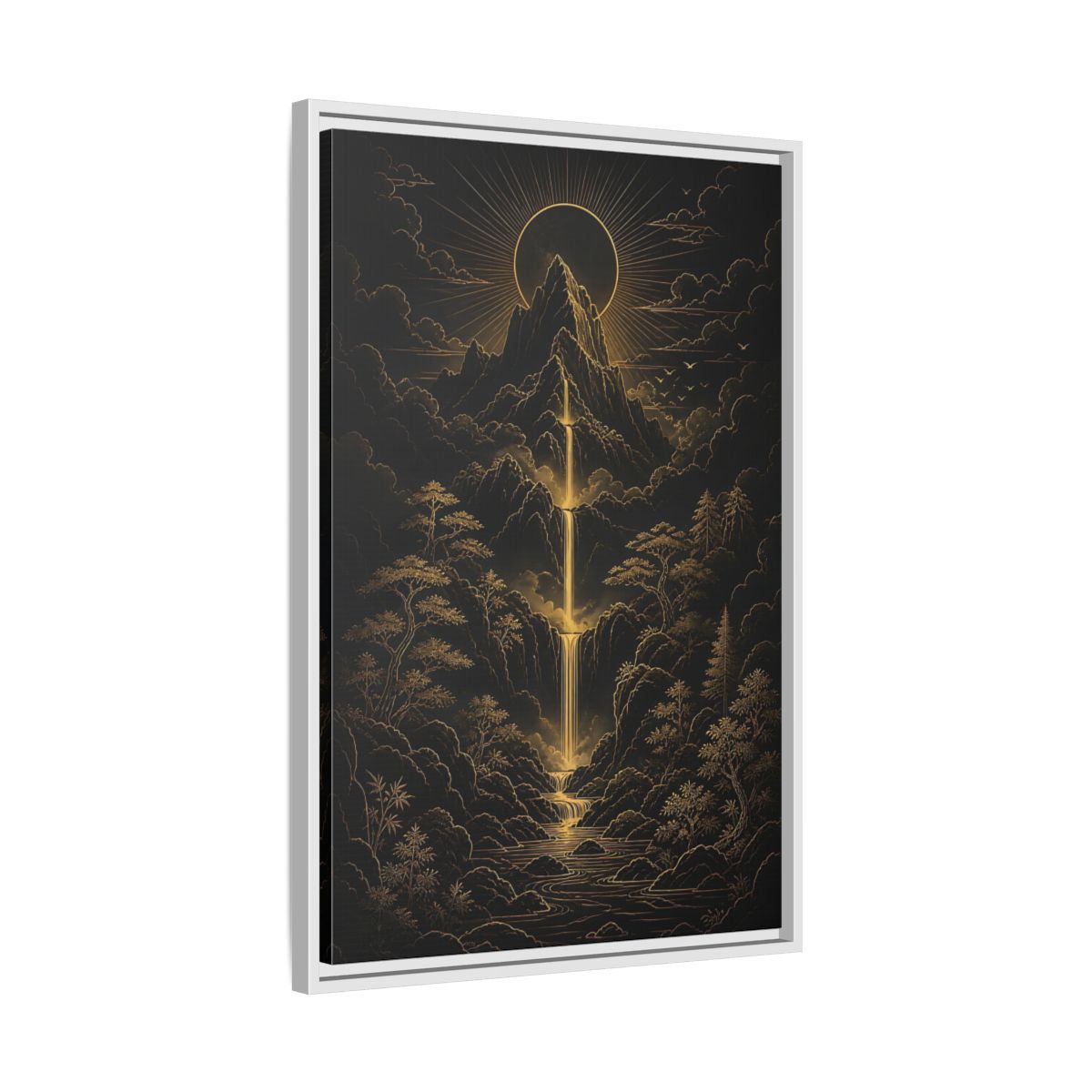 Side Mockup 10. Nature Mountain Waterfall Gold And Black Landscape shown as stretched canvas wall art