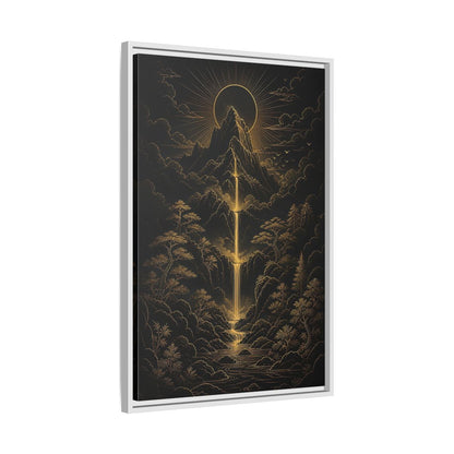 Side Mockup 10. Nature Mountain Waterfall Gold And Black Landscape shown as stretched canvas wall art