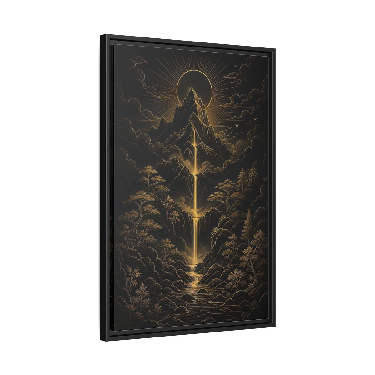 Side Mockup 14. Nature Mountain Waterfall Gold And Black Landscape shown as stretched canvas wall art
