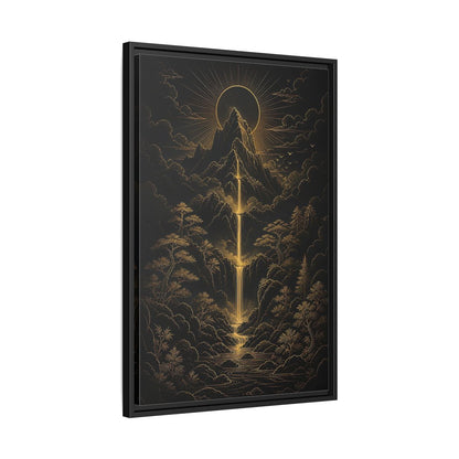 Side Mockup 14. Nature Mountain Waterfall Gold And Black Landscape shown as stretched canvas wall art