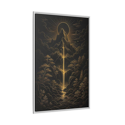 Side Mockup 7. Nature Mountain Waterfall Gold And Black Landscape shown as stretched canvas wall art