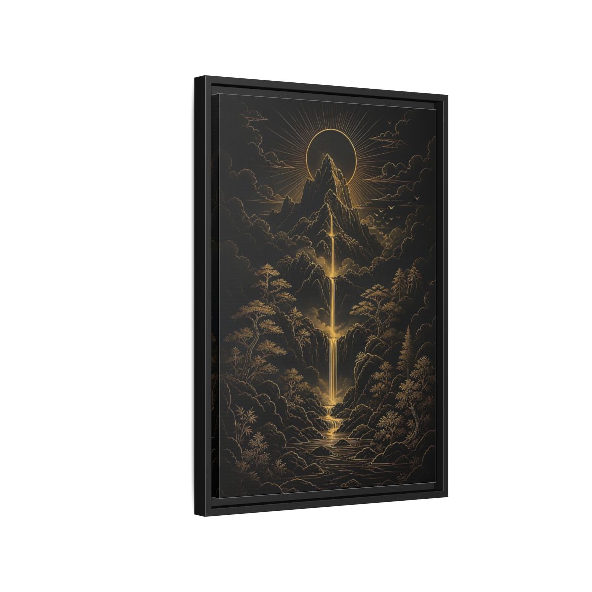Side Mockup 3. Nature Mountain Waterfall Gold And Black Landscape shown as stretched canvas wall art