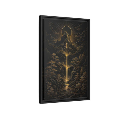 Side Mockup 3. Nature Mountain Waterfall Gold And Black Landscape shown as stretched canvas wall art