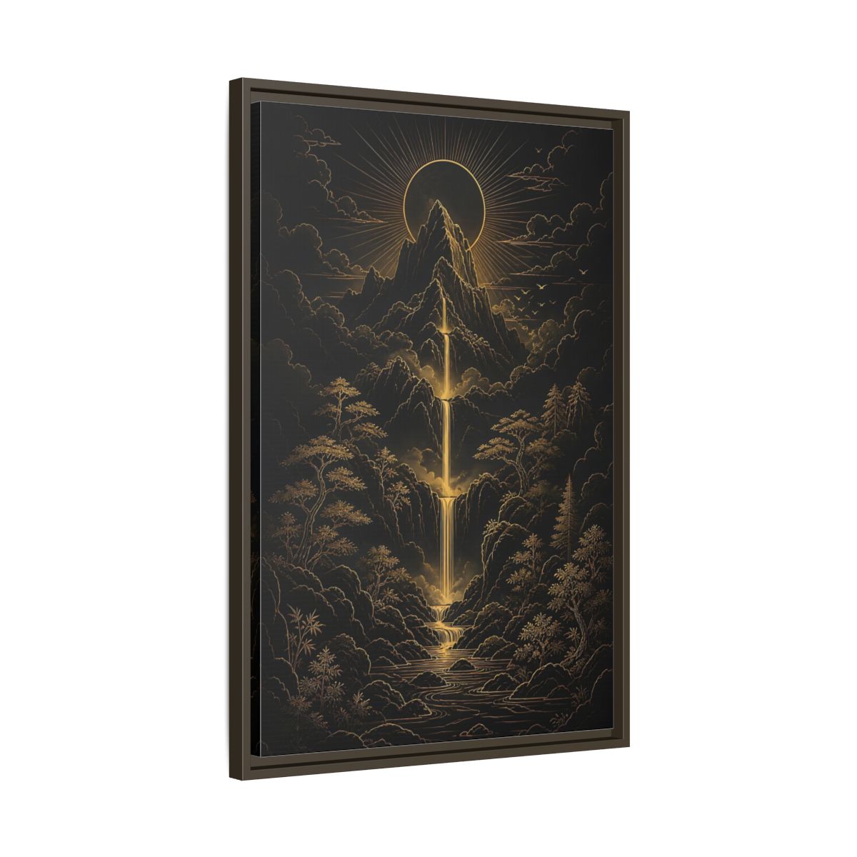 Side Mockup 11. Nature Mountain Waterfall Gold And Black Landscape shown as stretched canvas wall art