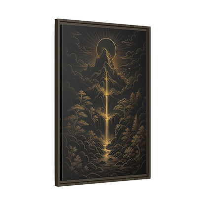 Side Mockup 11. Nature Mountain Waterfall Gold And Black Landscape shown as stretched canvas wall art