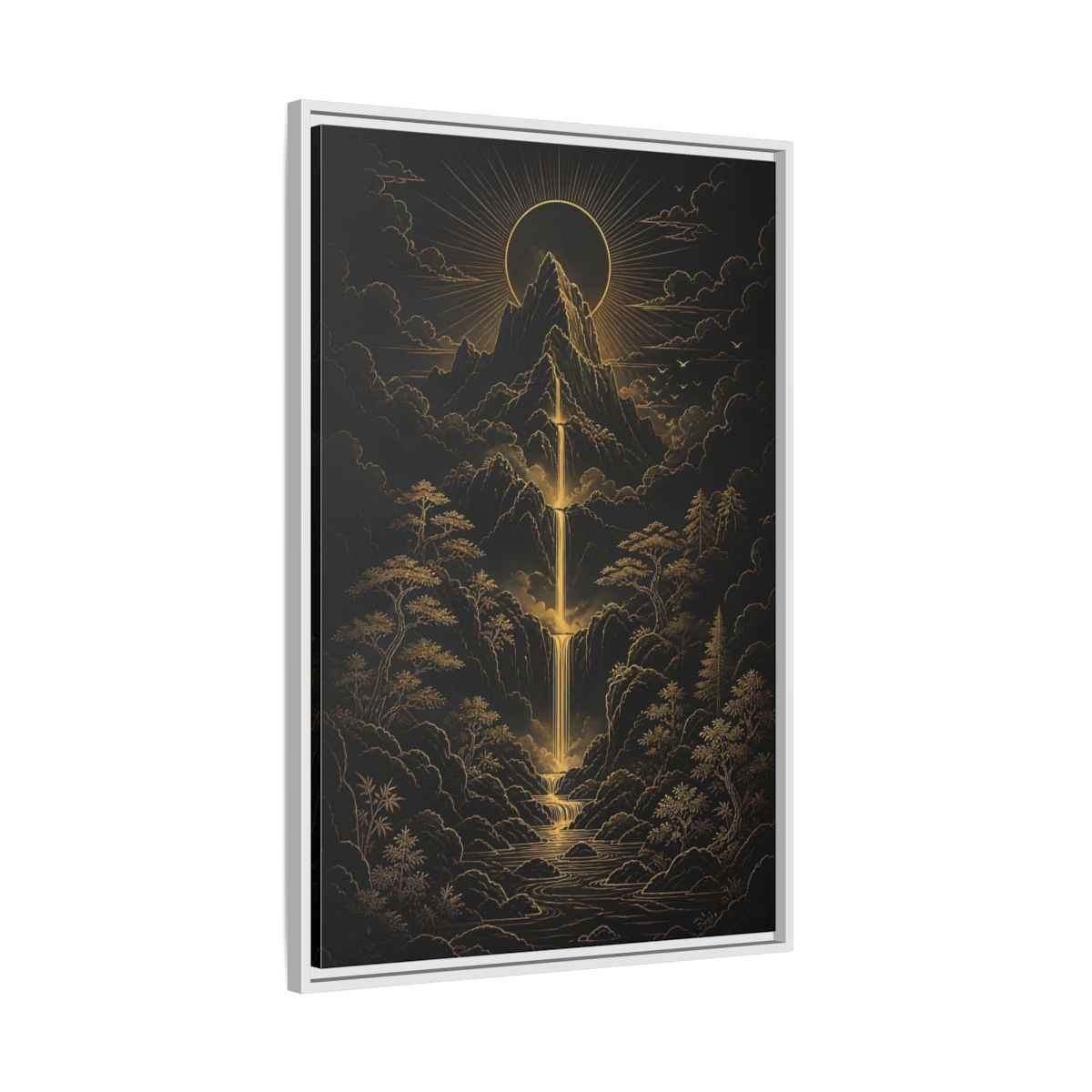 Side Mockup 9. Nature Mountain Waterfall Gold And Black Landscape shown as stretched canvas wall art