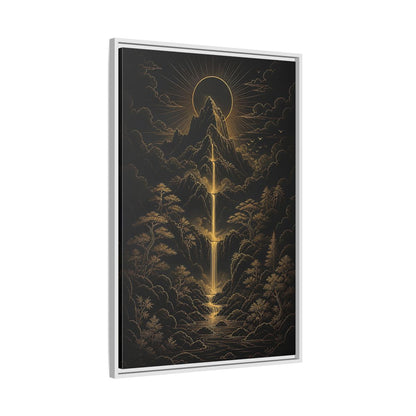 Side Mockup 9. Nature Mountain Waterfall Gold And Black Landscape shown as stretched canvas wall art