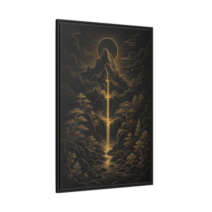 Side Mockup 12. Nature Mountain Waterfall Gold And Black Landscape shown as stretched canvas wall art